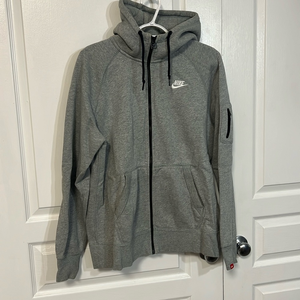 Nike Men's AW77 Fleece FZ Hoodie, Dark Grey Heather/ White LG